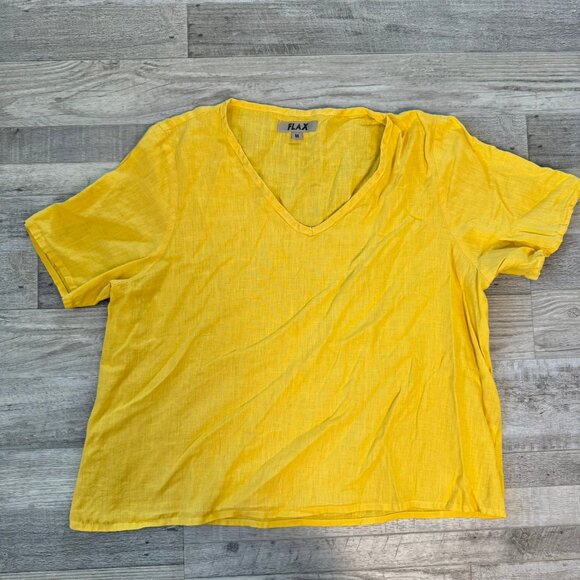 Flax 100% linen yellow short sleeve oversized top V-neck size medium C41 - Picture 1 of 6